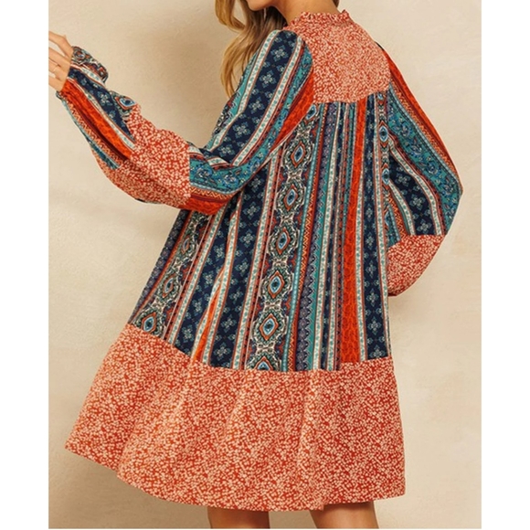 Purple brown boho multi print patchwork long balloon sleeve self tie tunic dress - Picture 7 of 7